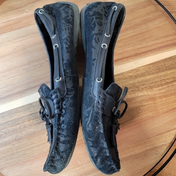 b.o.c. Black leather slip on loafers Size 11 driving shoes with tassels shimmery - Picture 11 of 17